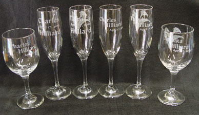 Custom etched glass coffee cups and wine glasses